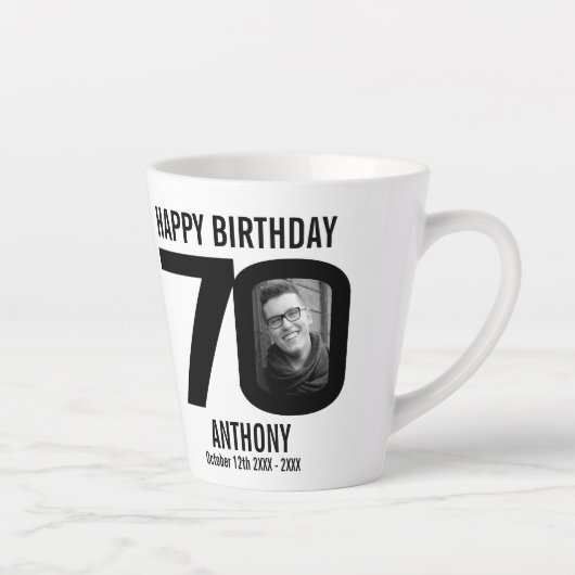 Tasse Latte Joyeux anniversaire 70 nom et deux photos de l'ann (Droite)