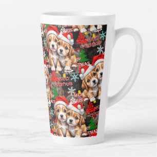 Tasse Latte Joyeux Noël Chapeau de Père Noël Chien Design - No