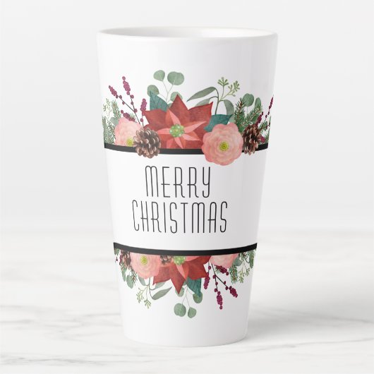 Tasse Latte Joyeux Noël, Composition Florale Traditionnelle (Devant)