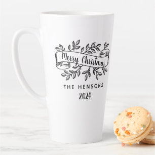 Tasse Latte Joyeux Noël Ruban Rustique Nom de Famille