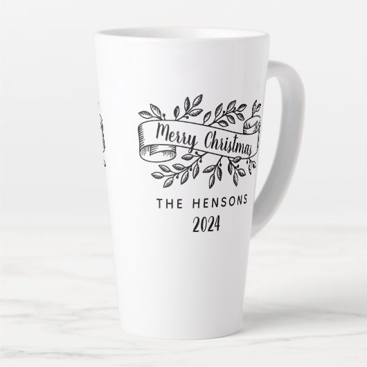 Tasse Latte Joyeux Noël Rustique Ruban Nom de famille (Angle droit)