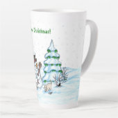 Tasse Latte Joyeux Noël ! Snowman avec chat et chiot (Angle droit)
