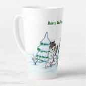 Tasse Latte Joyeux Noël ! Snowman avec chat et chiot (Angle gauche)