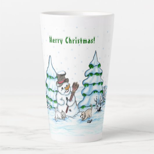 Tasse Latte Joyeux Noël ! Snowman avec chat et chiot (Devant)