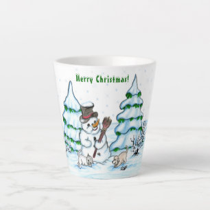 Tasse Latte Joyeux Noël ! Snowman avec chat et chiot