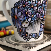 Tasse Latte Kitty Chat Purple Daisées Gris Chat Art Gris Chats