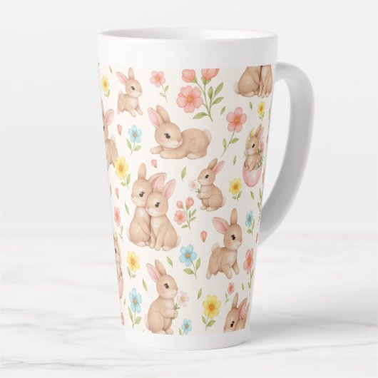 Tasse Latte Lapins mignons et motif de fleurs (Angle droit)