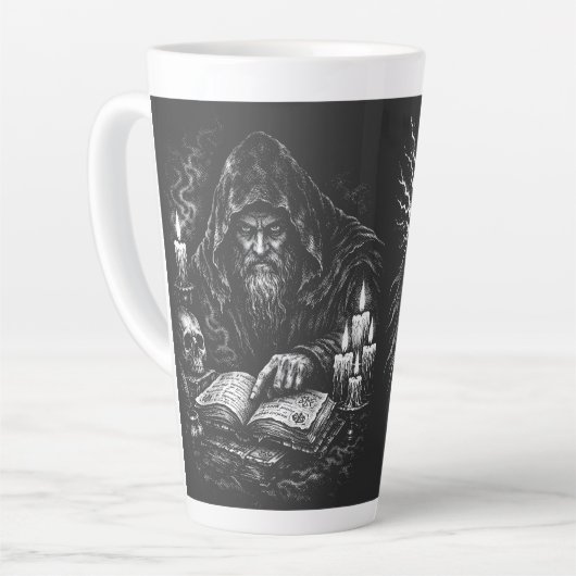 Tasse Latte Le Magicien Étudiant le Grimoire — par BurnsInHell (Angle gauche)