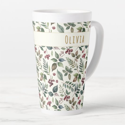 Tasse Latte Leaves and Berries Rustic Winter Personalized (Angle droit)