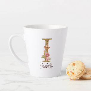 Tasse Latte Lettre de nom personnalisée I Roses rose blush feu