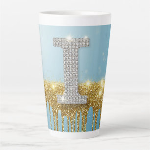 Tasse Latte Lettre I de luxe en diamant sur fond de paillettes