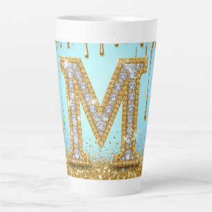 Tasse Latte Lettre M de luxe en diamant sur fond pailleté or