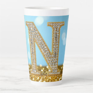 Tasse Latte Lettre N de luxe en diamant sur fond de paillettes