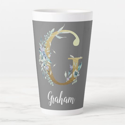 Tasse Latte Lettre or florale G sur gris (Devant)