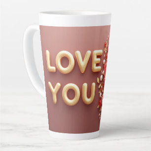 Tasse Latte Lettres dorées 'Je t'aime' avec perle florale roug
