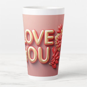 Tasse Latte Lettres dorées Love You avec perle florale rouge