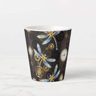 Tasse Latte Libellules Steampunk sur fond rayé marron
