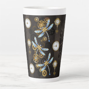 Tasse Latte Libellules Steampunk sur fond rayé marron