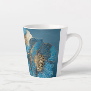 Tasse Latte Ligne dorée Art Poppy botanique floral bleu