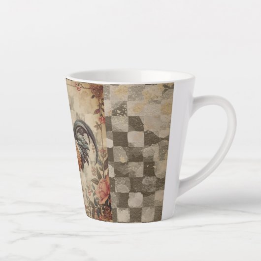 Tasse Latte Lovely Vintage Rooster ,Flowers Pattern, Checke (Droite)