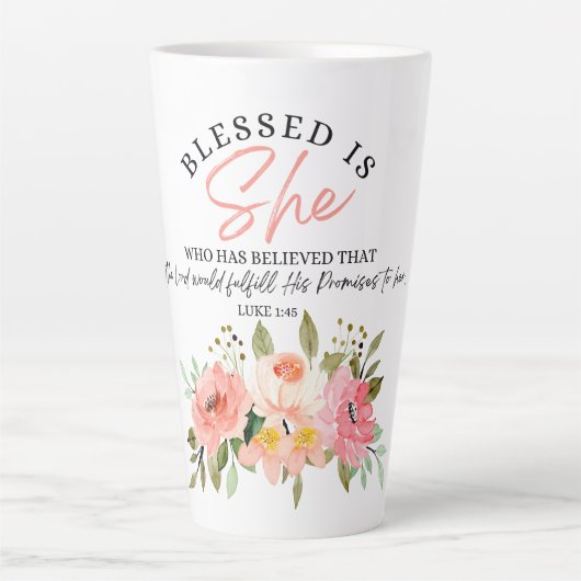 Tasse Latte Luc 1:45 Béni est Elle Écriture Florale (Devant)