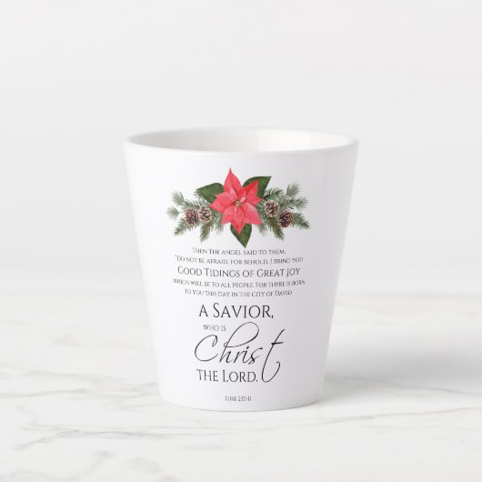Tasse Latte Luc 2:10-11 Écriture de Noël Poinsettia (Devant)