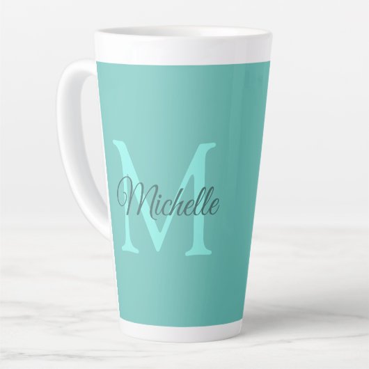 Tasse Latte Lumière personnalisée Monogramme Turquoise Nom ini (Angle gauche)