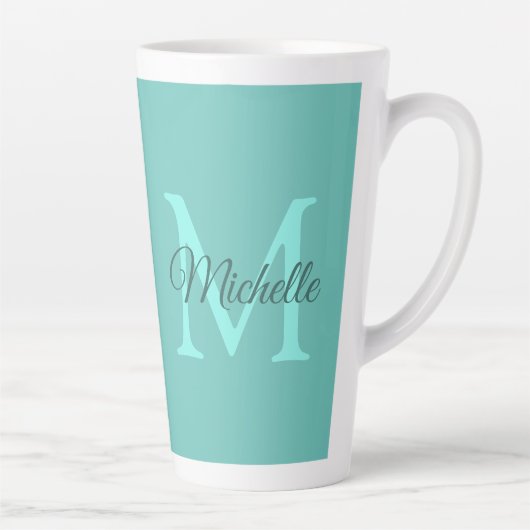 Tasse Latte Lumière personnalisée Monogramme Turquoise Nom ini (Droite)