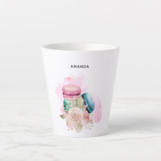 Tasse Latte Macarons et fleurs colorés Aquarelle (Devant)