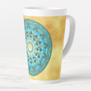 Tasse Latte Mandala bleu or sur fond or doux
