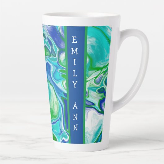 Tasse Latte Marbre bleu et vert Fluid Art personnalisé (Droite)