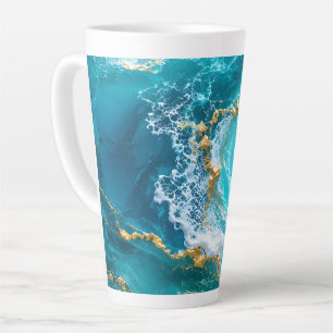 Tasse Latte Marbre d'Océan Turquoise Luxe avec Vagues de Feuil