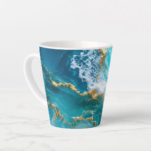 Tasse Latte Marbre d'Océan Turquoise Luxe avec Vagues de Feuil