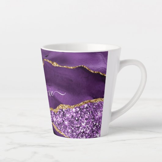 Tasse Latte Marbre Parties scintillant or violet Nom personnal (Droite)