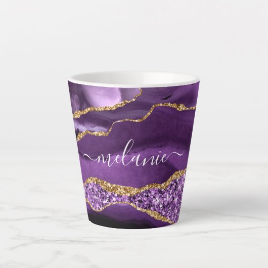 Tasse Latte Marbre Parties scintillant or violet Nom personnal (Devant)