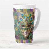 Tasse Latte Mardi Gras Gold Ceramic Peacock Feature Masque (Angle droit)