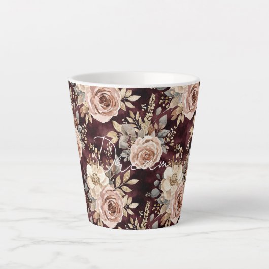 Tasse Latte Mariage Floral Rouge Bourgogne Rosé (Devant)