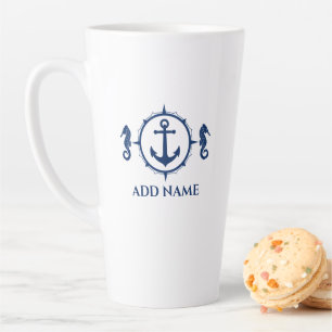 Tasse Latte Marine Sehorse & Ancre Votre Nom 2 Côté Grand