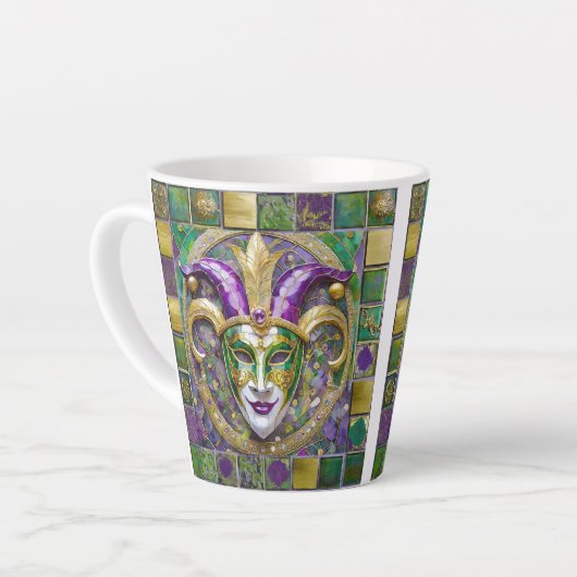 Tasse Latte Masque Mardi Gras Jester Vert Or (Angle gauche)