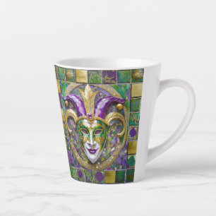 Tasse Latte Masque Mardi Gras Jester Vert Or
