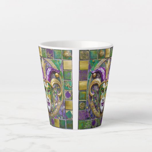 Tasse Latte Masque Mardi Gras Jester Vert Or (Devant)