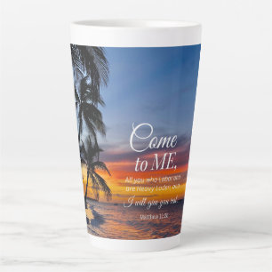 Tasse Latte Matthieu 11:28 Bible Verse Palmiers Coucher de sol