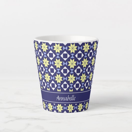 Tasse Latte Méditerranée Bleu Bleu Floral Carrelage Nom du Mot (Devant)