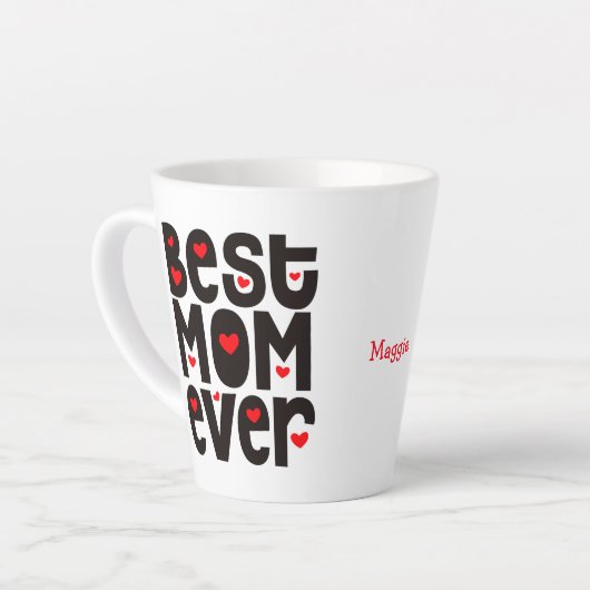 Tasse Latte Meilleure maman Jour Typographie Nom Coeurs Rouge (Angle gauche)
