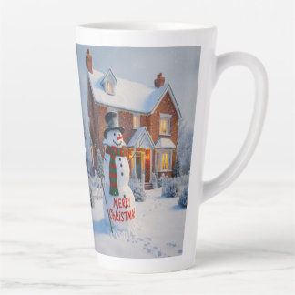 TASSE LATTE MERRY CHRISTMAS BIG SNOWMAN WINTER SCENE