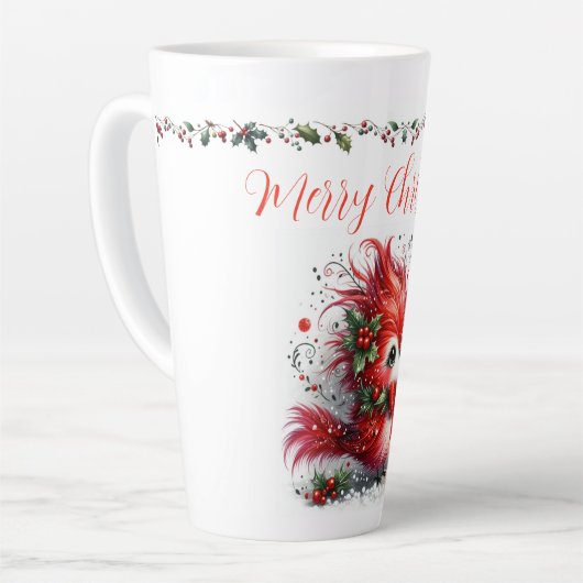 Tasse Latte Merry Christmas Script with Whimsical Holiday Bird (Angle gauche)