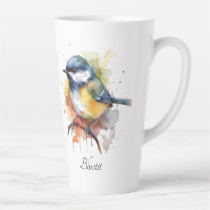 Tasse Latte Mésange bleue adorable sur une branche, personnali