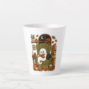 Tasse Latte Mignon Fantôme Lisant un Livre Chat Noir Automne C