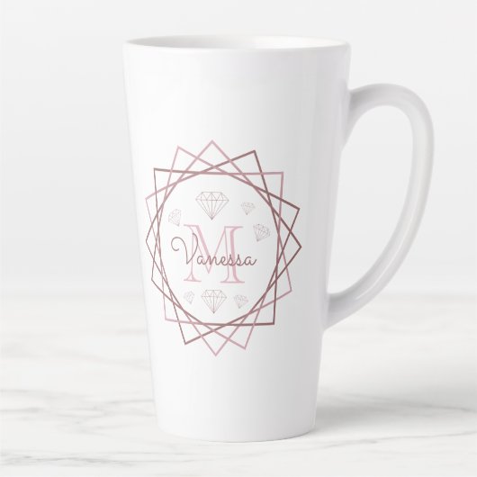 Tasse Latte Mignonne Rose or Monogramme géométrique (Droite)
