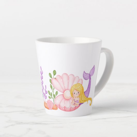 Tasse Latte Mignonne sirène sous l'aquarelle de la mer (Angle droit)